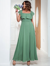 Plain Off Shoulder Chiffon Wedding Dress with Side Split #color_Green Bean