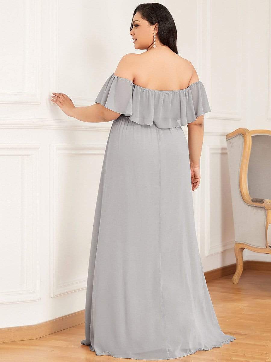 Women's Off-The-Shoulder Ruffle Thigh Split Plus Size Bridesmaid Dress #color_Grey