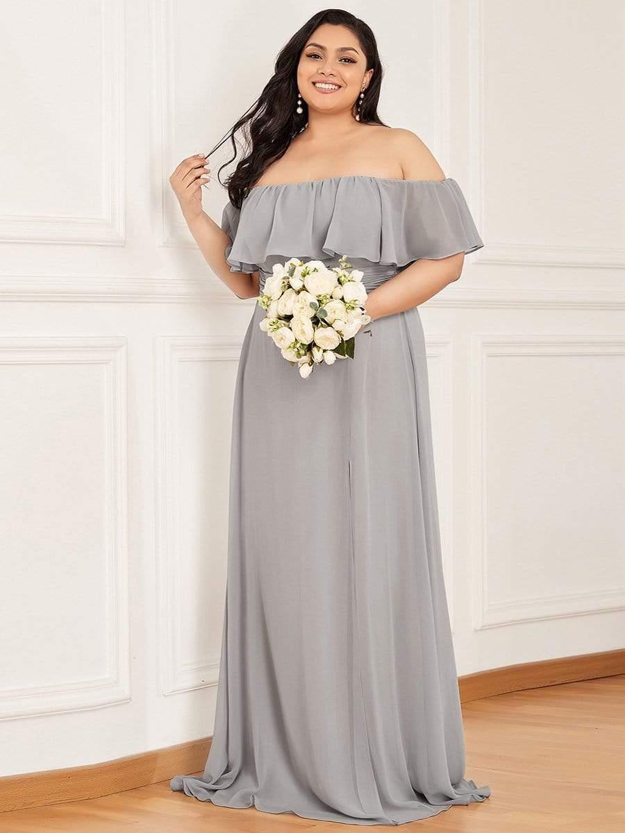 Women's Off-The-Shoulder Ruffle Thigh Split Plus Size Bridesmaid Dress #color_Grey