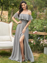 Plain Off Shoulder Chiffon Wedding Dress with Side Split #color_Grey