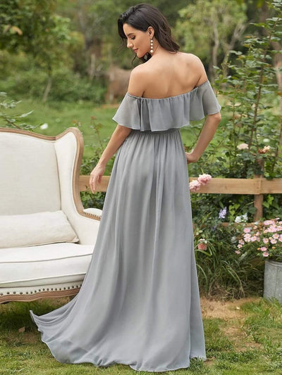 Plain Off Shoulder Chiffon Wedding Dress with Side Split #color_Grey