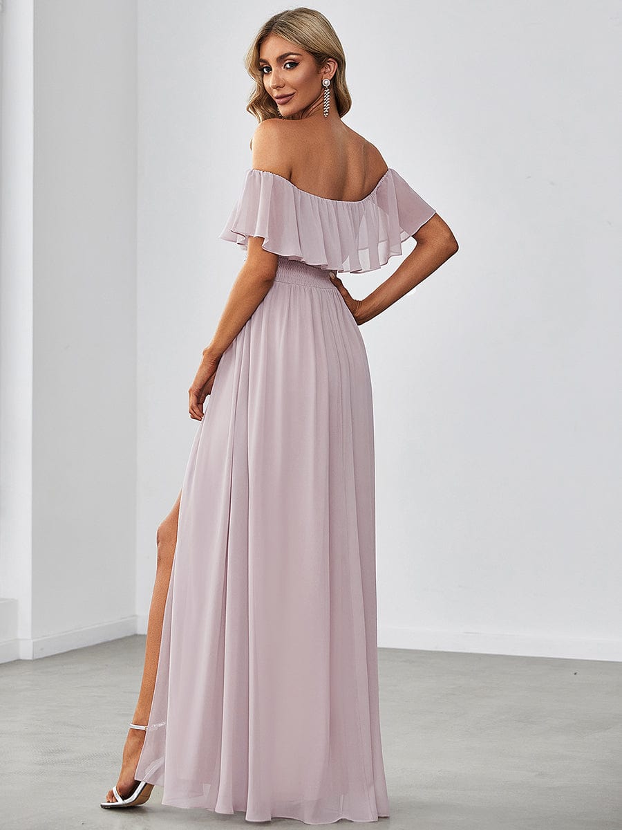 Women's Off-The-Shoulder Ruffle Thigh Split Bridesmaid Dresses #color_Lilac
