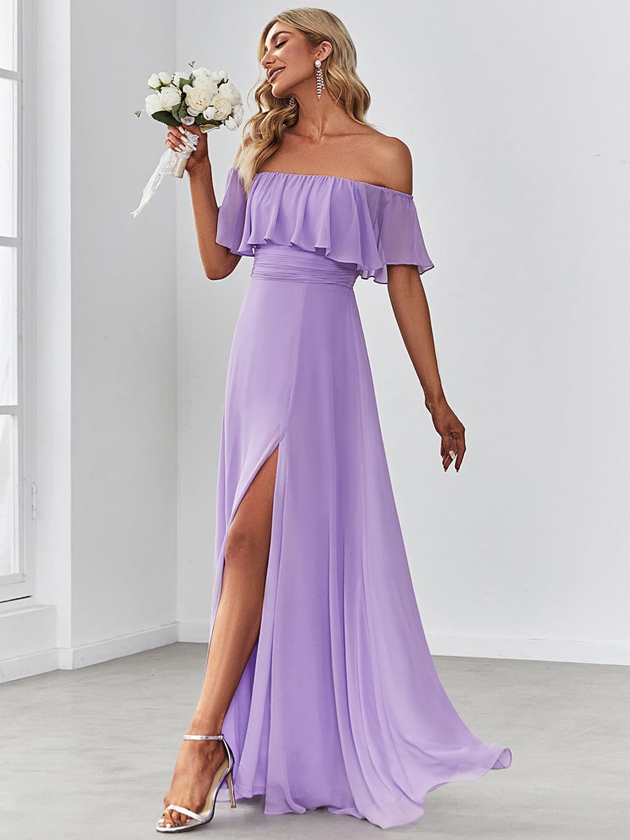 Off Shoulder Chiffon Maxi Bridesmaid Dresses with Side Split