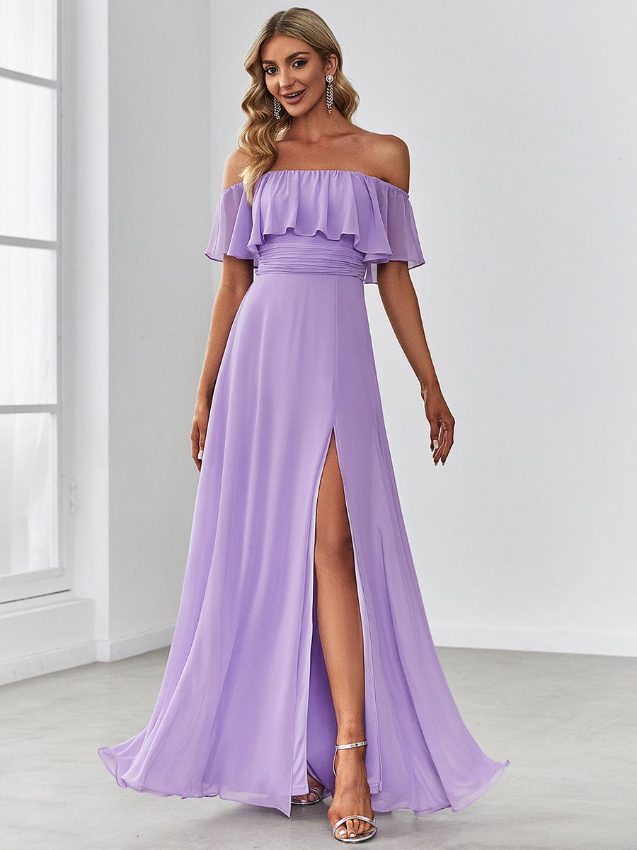 Off The Shoulder Bridesmaid Dresses Side Split Maxi #color_Lavender