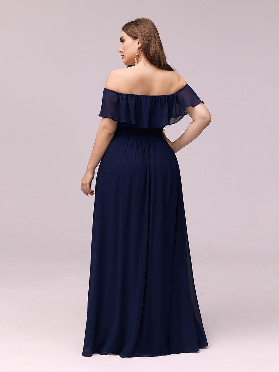 Custom Size Women's Off-The-Shoulder Ruffle Thigh Split Bridesmaid Dresses #color_Navy Blue
