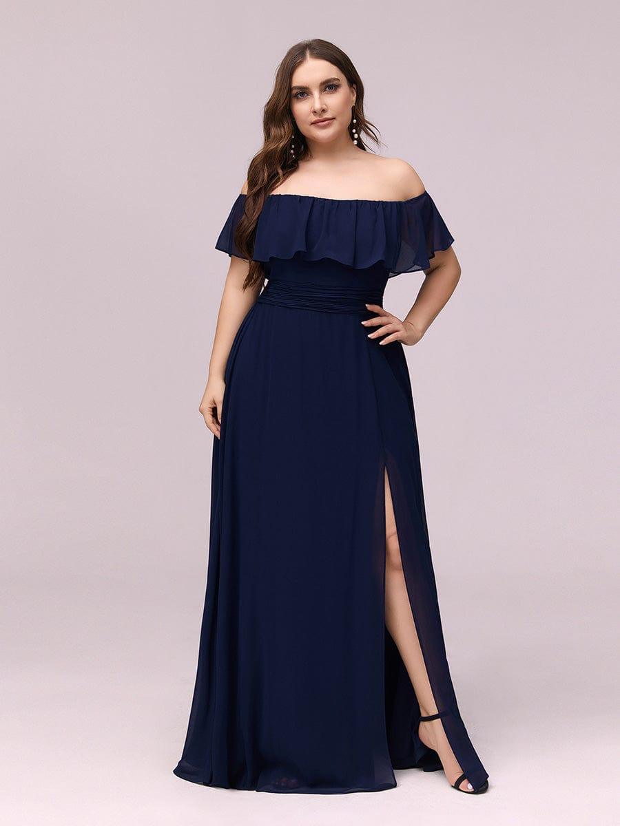 Custom Size Women's Off-The-Shoulder Ruffle Thigh Split Bridesmaid Dresses #color_Navy Blue
