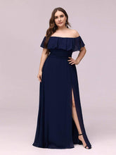 Women's Off-The-Shoulder Ruffle Thigh Split Plus Size Bridesmaid Dress #color_Navy Blue