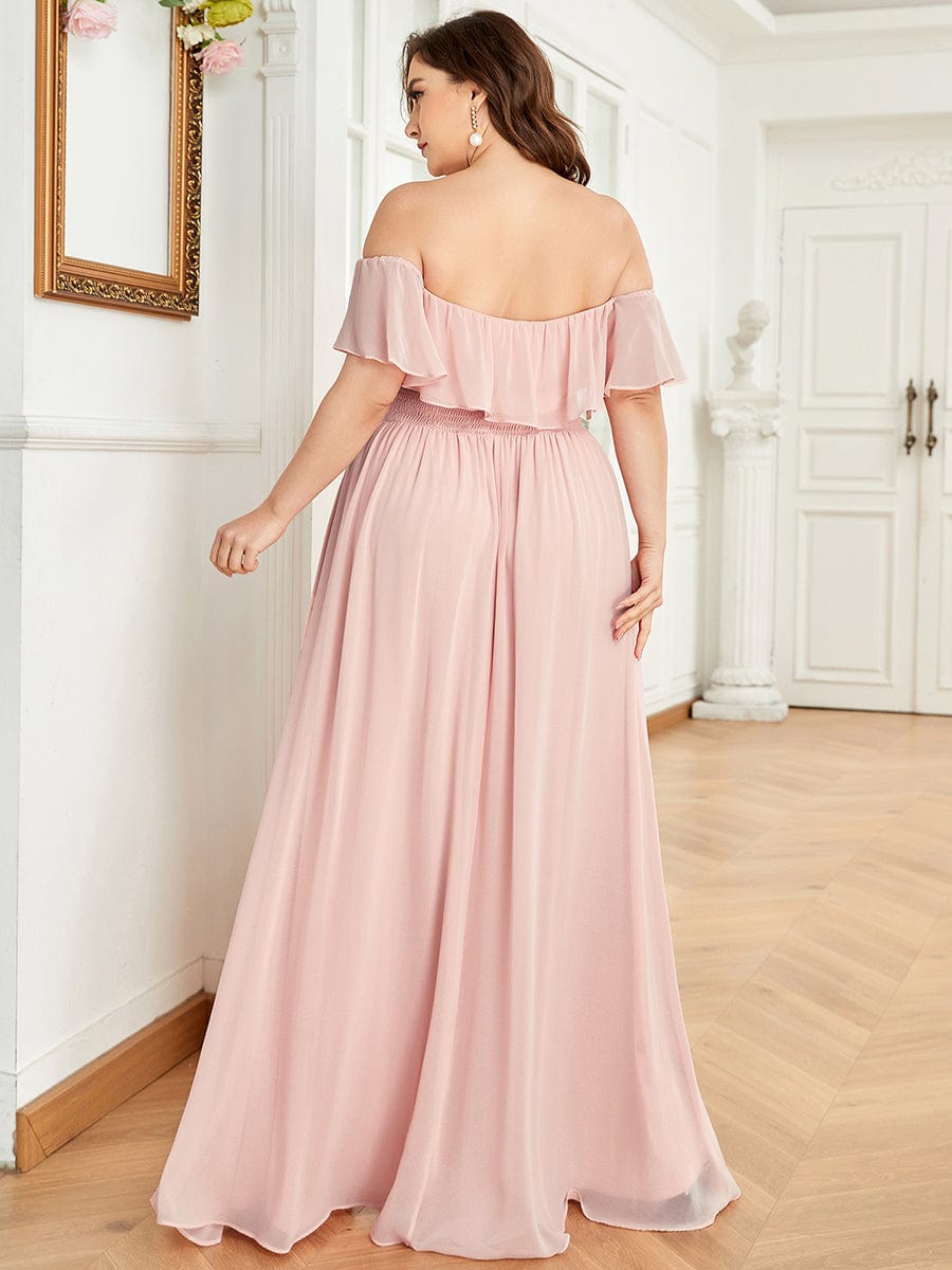 Women's Off-The-Shoulder Ruffle Thigh Split Plus Size Bridesmaid Dress #color_Pink