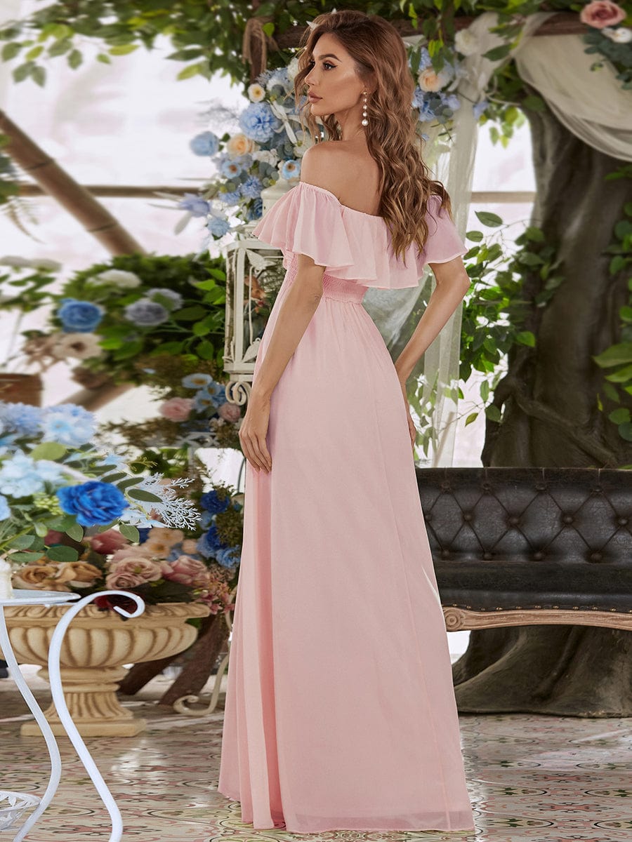 Women's Off-The-Shoulder Ruffle Thigh Split Bridesmaid Dresses #color_Pink