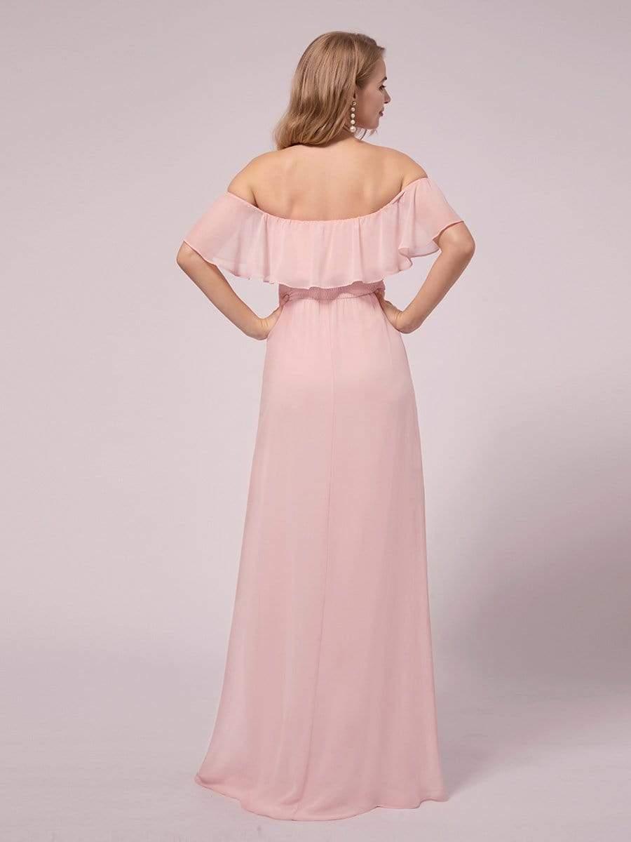 Women's A-Line Off Shoulder Ruffle Thigh Split Maternity Dresses #color_Pink