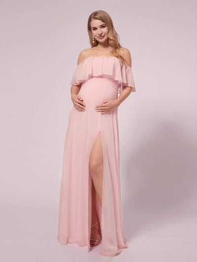 Women's A-Line Off Shoulder Ruffle Thigh Split Maternity Dresses #color_Pink