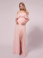Women's A-Line Off Shoulder Ruffle Thigh Split Maternity Dresses #color_Pink