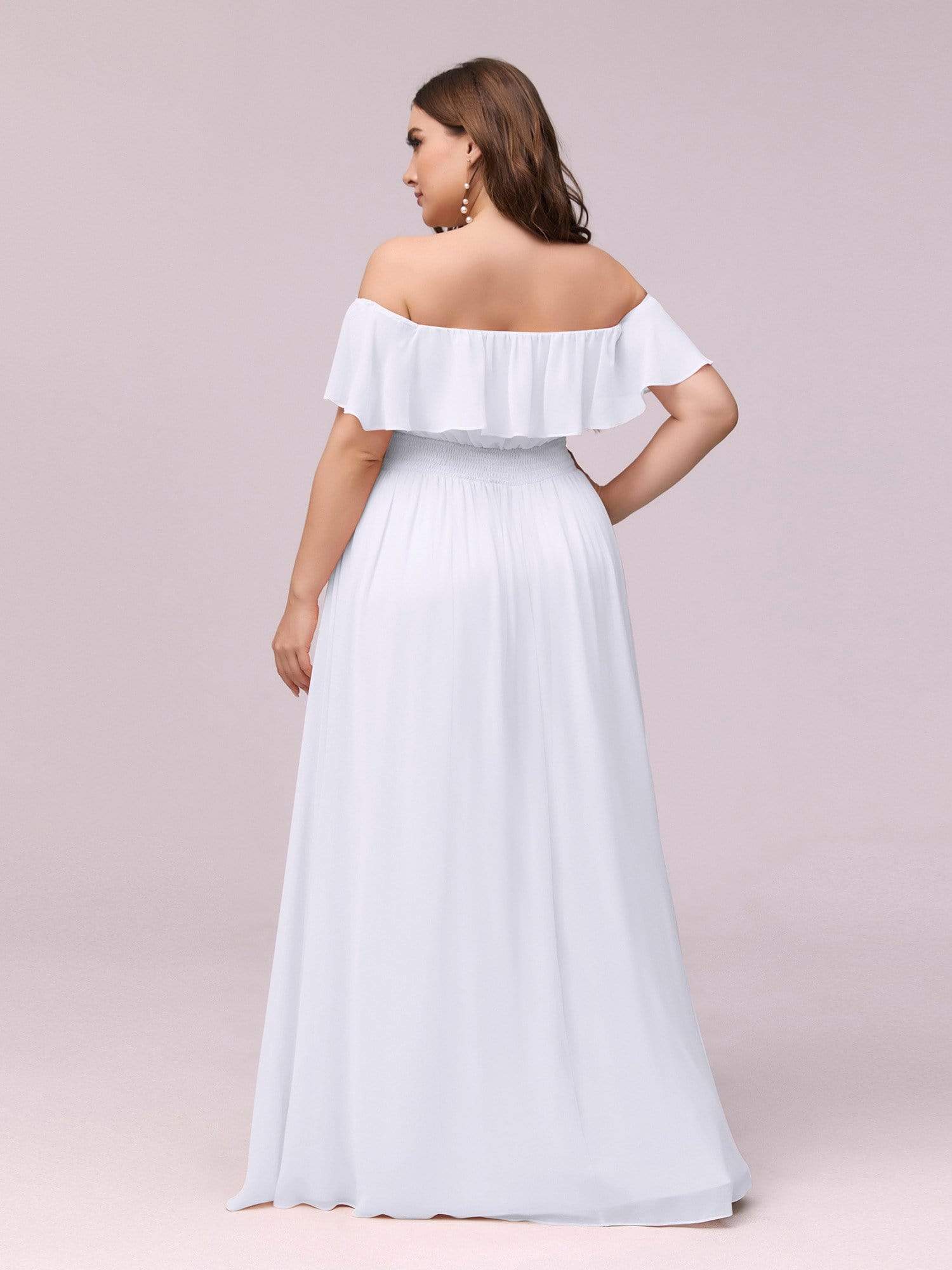 Women's Off-The-Shoulder Ruffle Thigh Split Plus Size Bridesmaid Dress #color_White