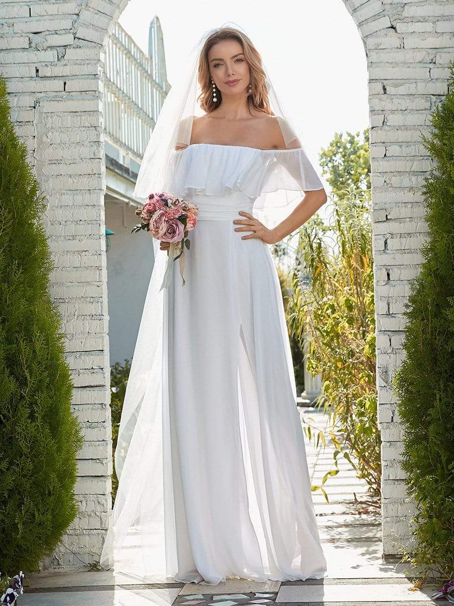 Plain Off Shoulder Chiffon Wedding Dress with Side Split #color_White