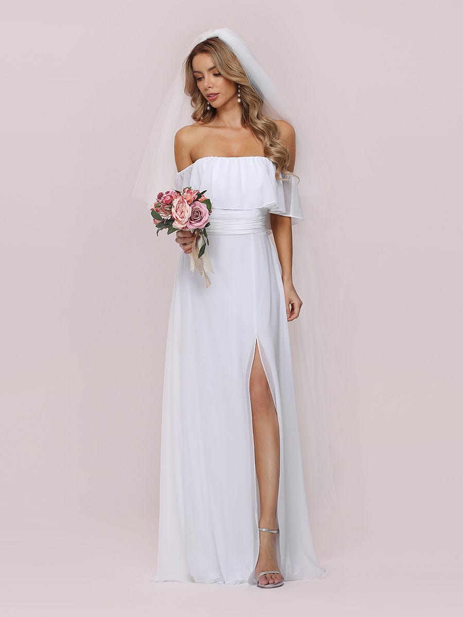 Custom Size Women's Off-The-Shoulder Ruffle Thigh Split Bridesmaid Dresses #color_White