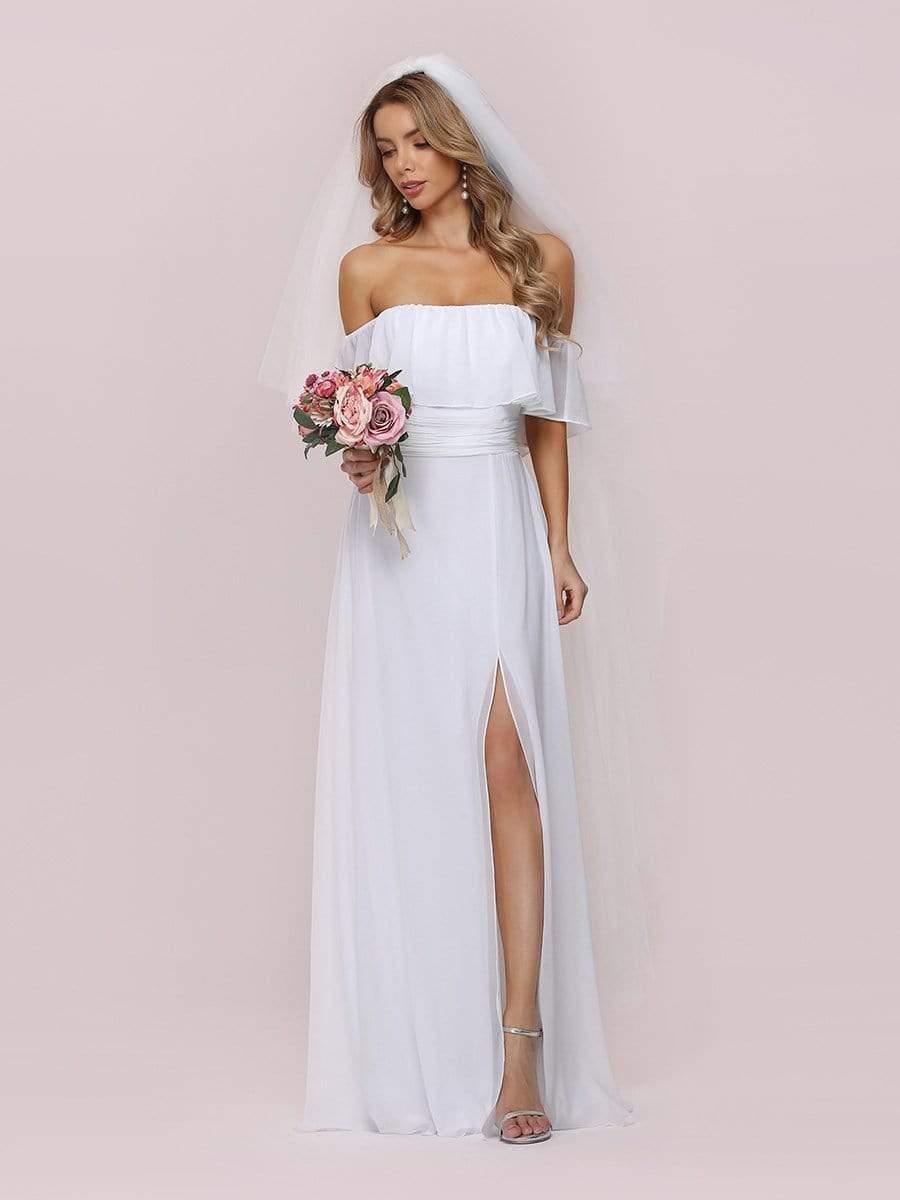 Plain Off Shoulder Chiffon Wedding Dress with Side Split