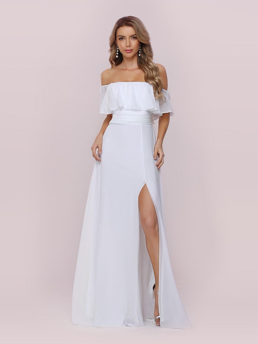 Custom Size Women's Off-The-Shoulder Ruffle Thigh Split Bridesmaid Dresses #color_White