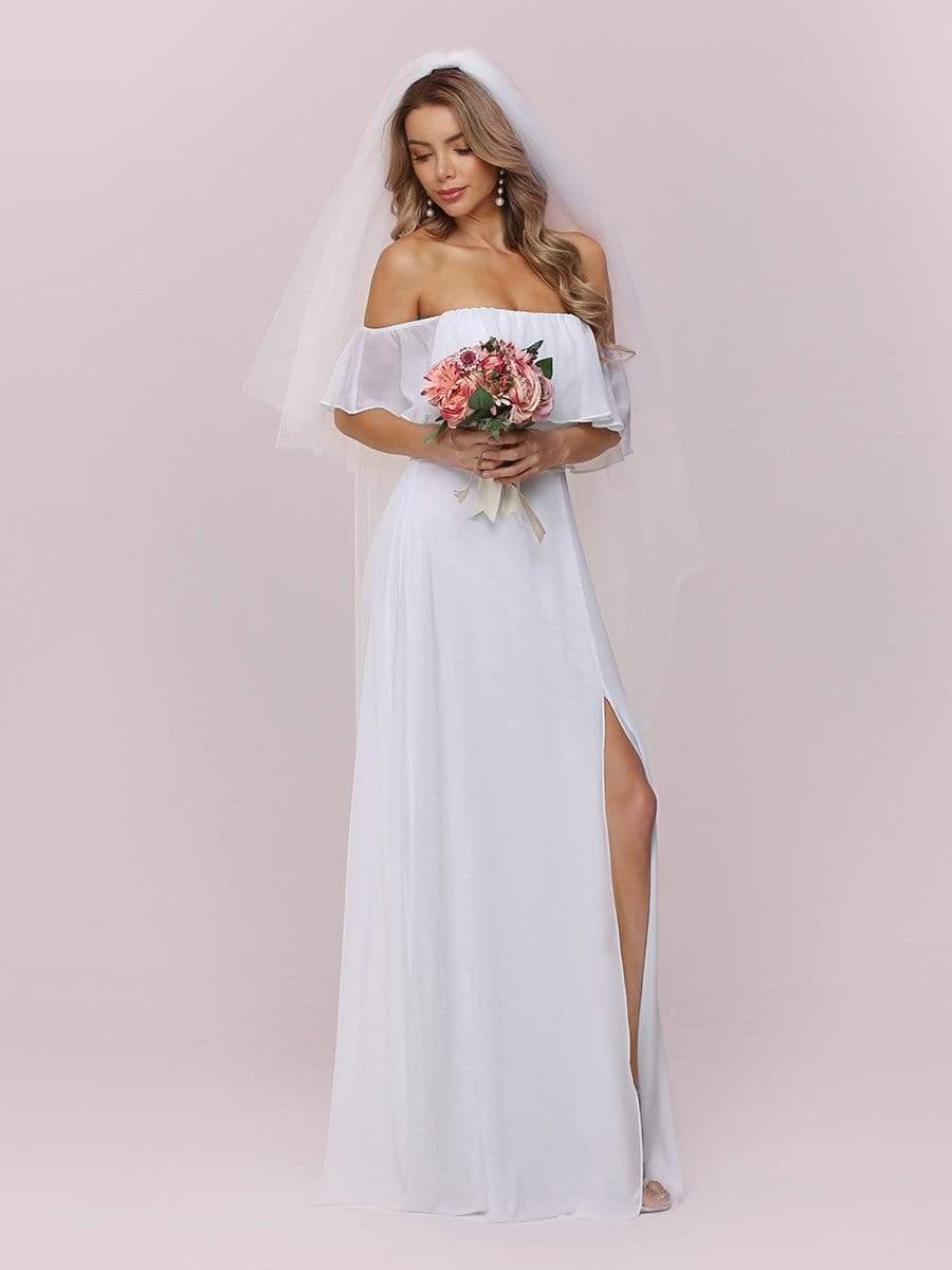 Plain Off Shoulder Chiffon Wedding Dress with Side Split