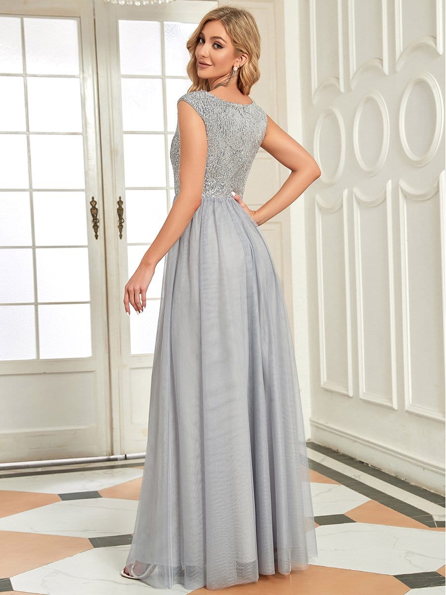 Sexy Deep V-neck Backless Tulle Maxi Evening Dresses #color_Grey