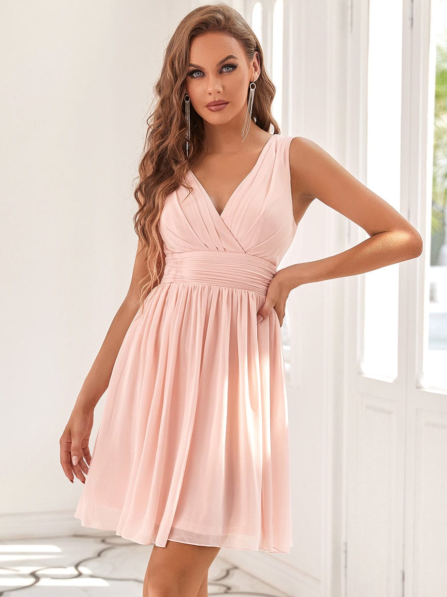 Knee-Length Chiffon Bridesmaid Dresses for Women with V-Neck #color_Pink