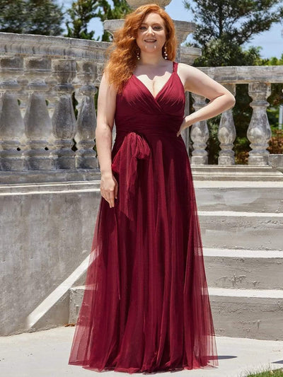 Plus Size Maxi Long Double V Neck Tulle Bridesmaid Dresses #color_Burgundy