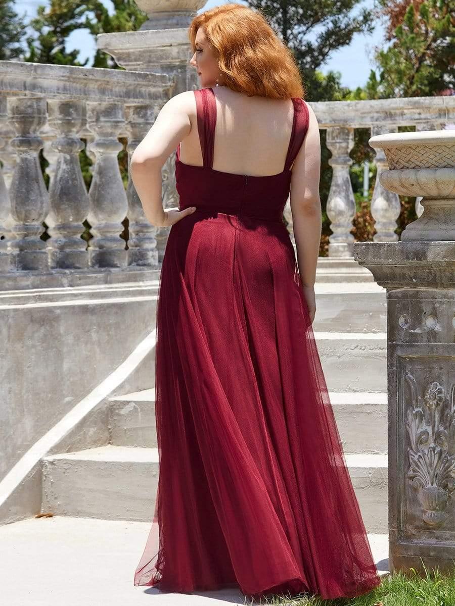 Plus Size Maxi Long Double V Neck Tulle Bridesmaid Dresses #color_Burgundy