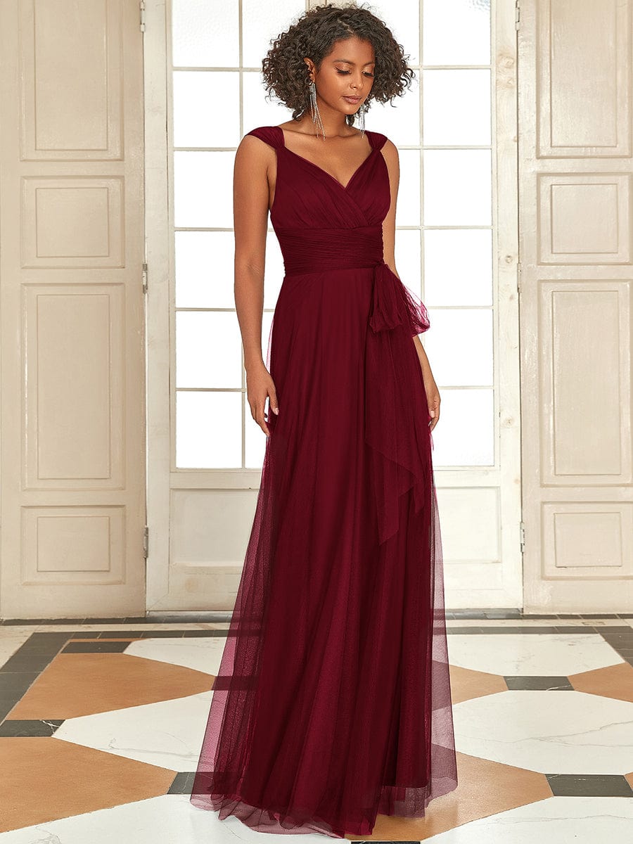 Floor Length Double V Neck Tulle Bridesmaid Dresses #color_Burgundy