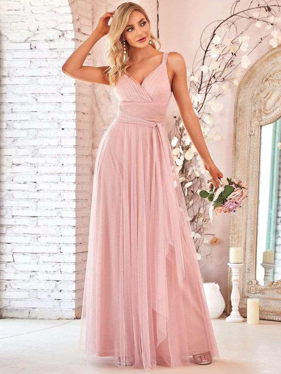 Floor Length Double V Neck Sleeveless Tulle Bridesmaid Dress - Ever-Pretty UK Floor Length Double V Neck Sleeveless Tulle Bridesmaid Dress - Ever-Pretty UK