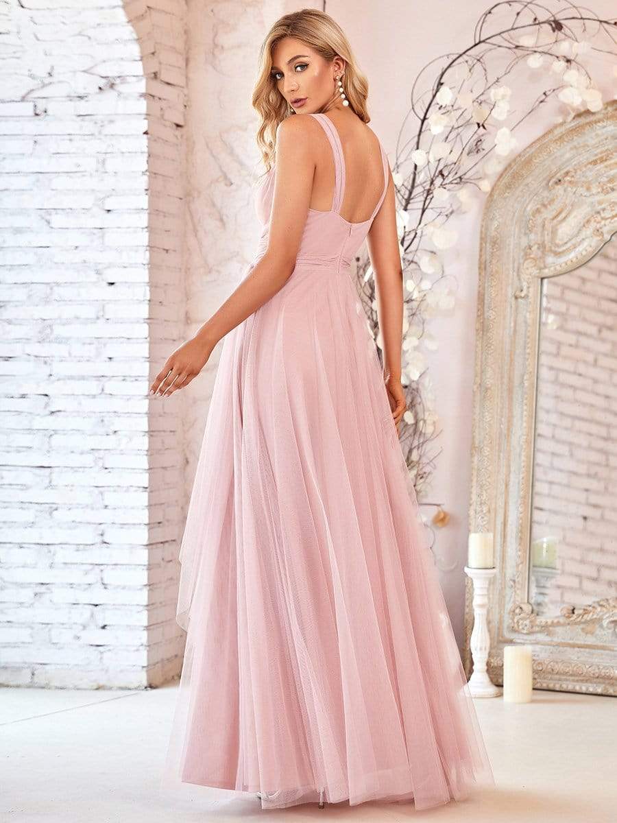 Floor Length Double V Neck Tulle Bridesmaid Dresses #color_Blush