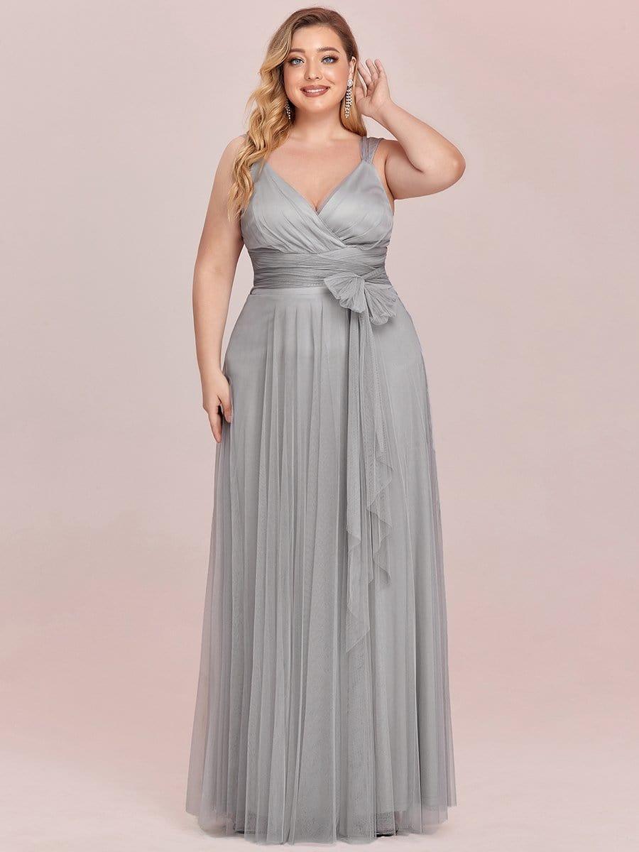 Plus Size Maxi Long Double V Neck Tulle Bridesmaid Dresses #color_Grey