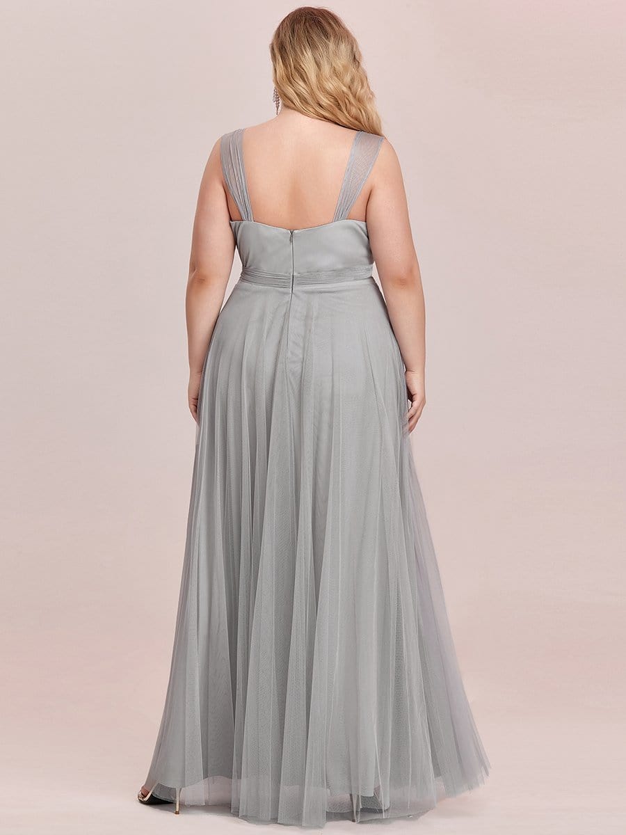 Plus Size Maxi Long Double V Neck Tulle Bridesmaid Dresses #color_Grey
