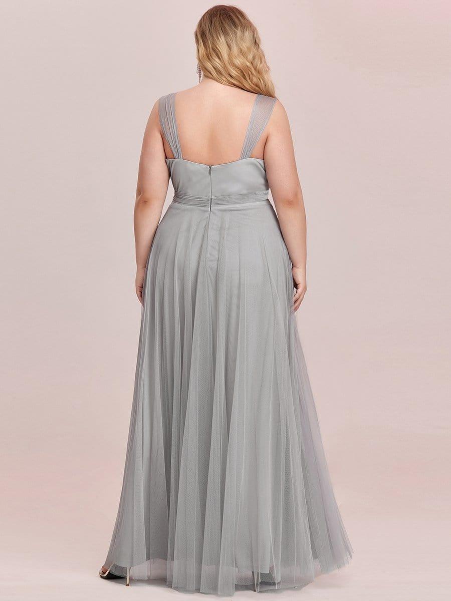 Plus Size Maxi Long Double V Neck Tulle Bridesmaid Dresses #color_Grey