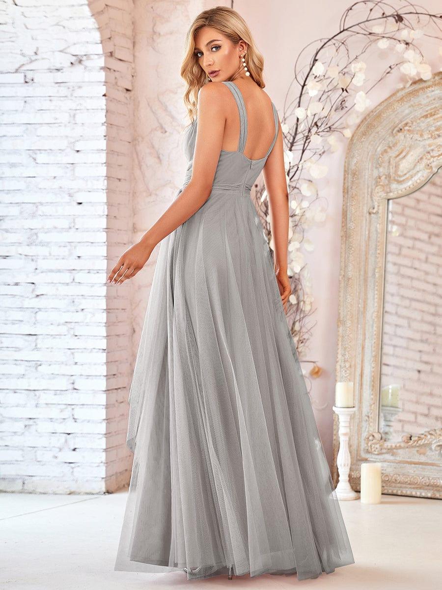 Floor Length Double V Neck Tulle Bridesmaid Dresses #color_Grey