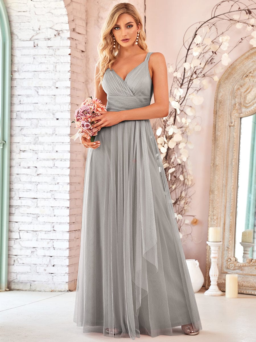 Floor Length Double V Neck Tulle Bridesmaid Dresses #color_Grey