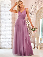 Floor Length Double V Neck Tulle Evening Dresses #color_Purple Orchid