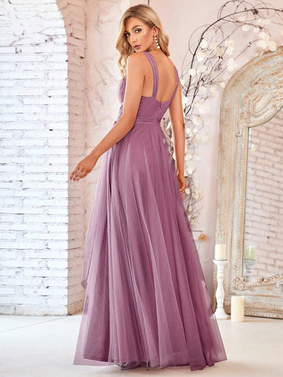 Floor Length Double V Neck Tulle Bridesmaid Dresses #color_Purple Orchid