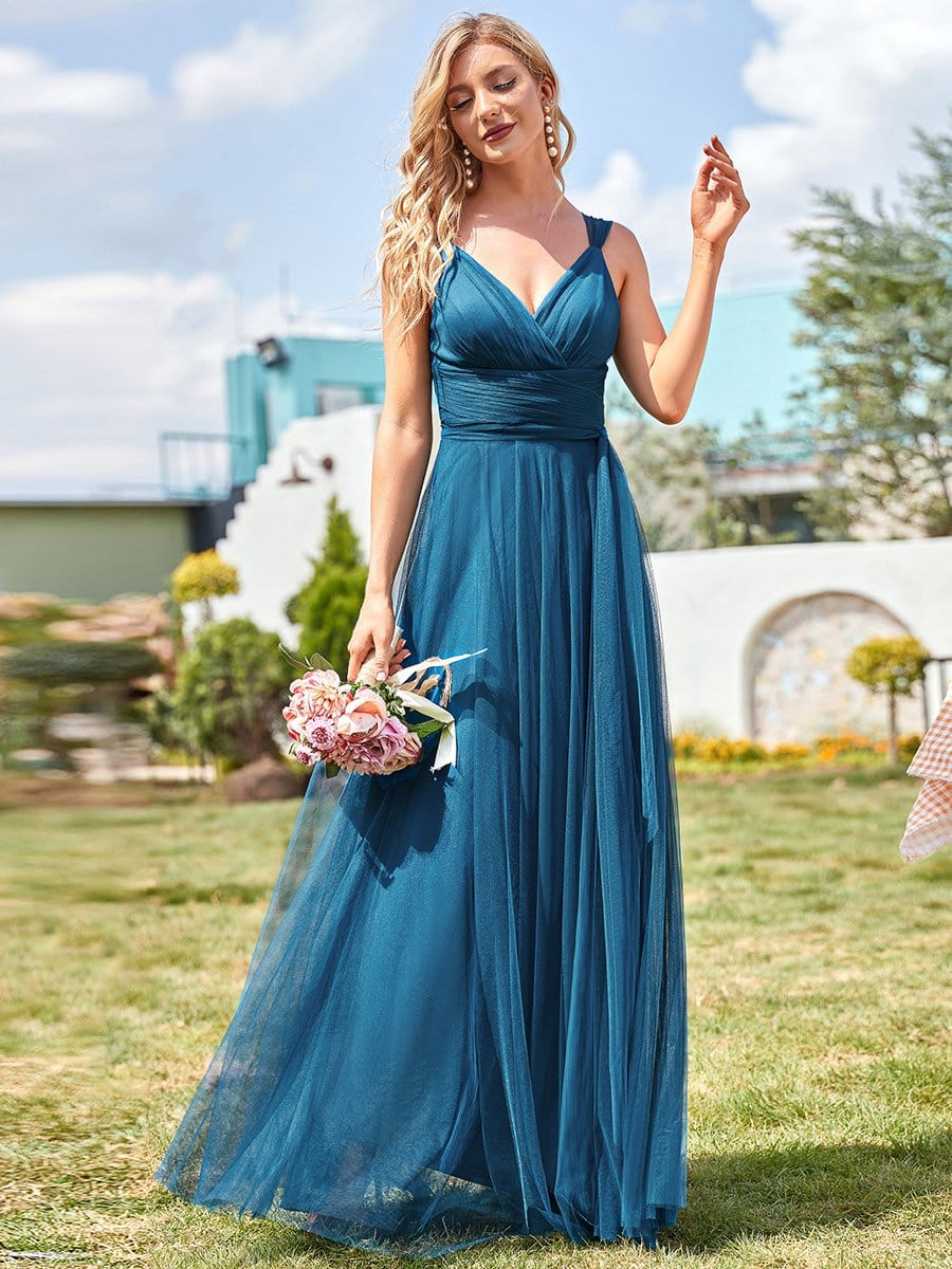Floor Length Double V Neck Tulle Evening Dresses #color_Teal
