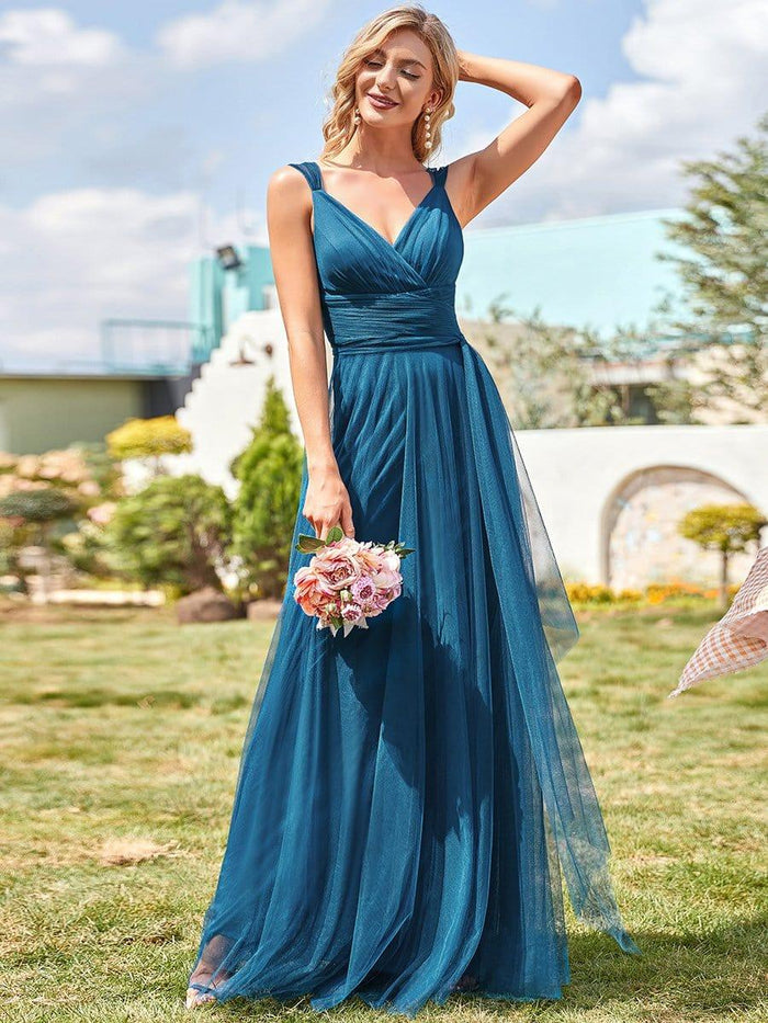 V-neck Tulle Floor Length Bridesmaid Dress Moss