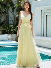 Floor Length Double V Neck Tulle Evening Dresses #color_Yellow