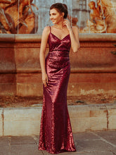 Sexy Spaghetti Straps Fishtail Sequin Evening Gowns for Women #color_Burgundy