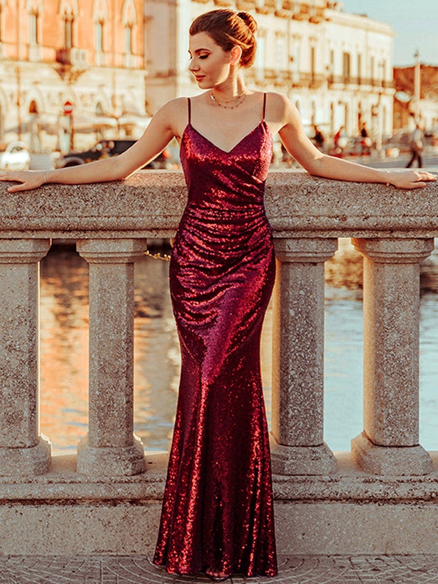 Sexy Spaghetti Straps Fishtail Sequin Evening Gowns for Women #color_Burgundy