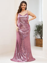 Sexy Spaghetti Straps Plus Size Sequin Evening Gowns for Women #color_Purple Orchid
