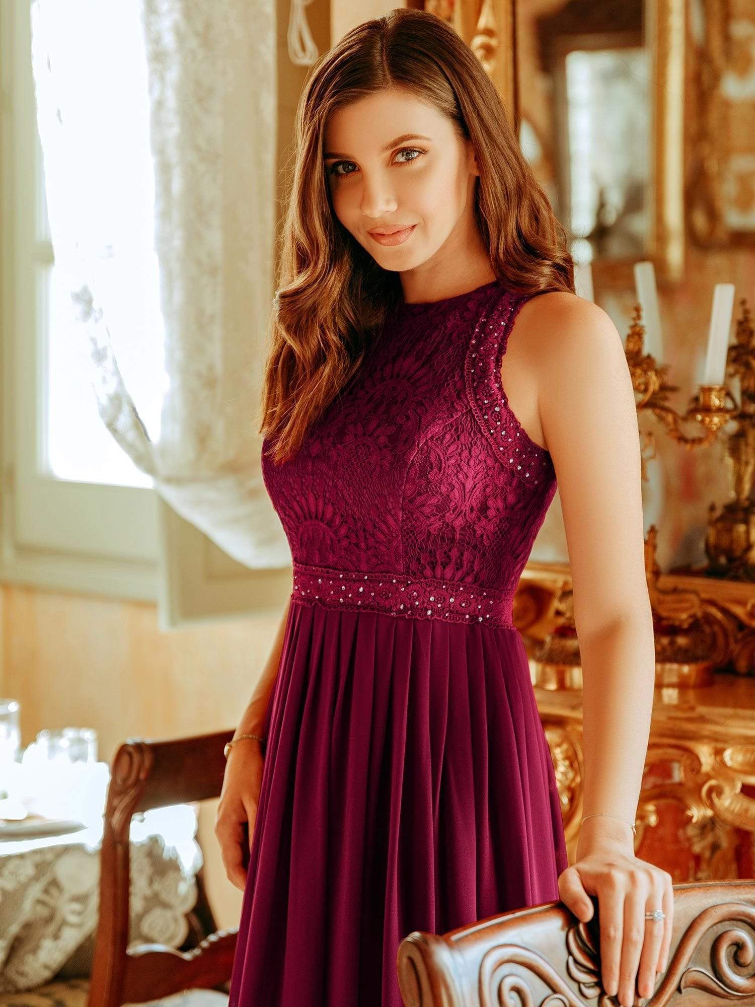 Empire Waist Sleeveless Maxi Long A Line Lace Bridesmaid Dresses #color_Burgundy