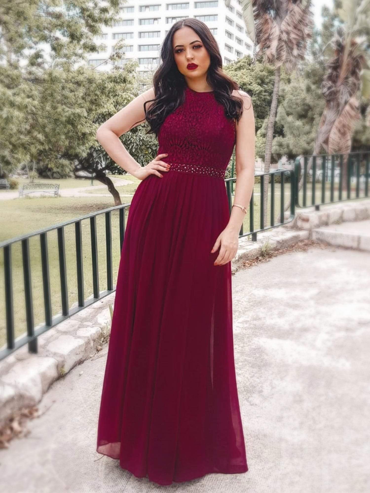 Empire Waist Sleeveless Maxi Long A Line Lace Bridesmaid Dresses #color_Burgundy