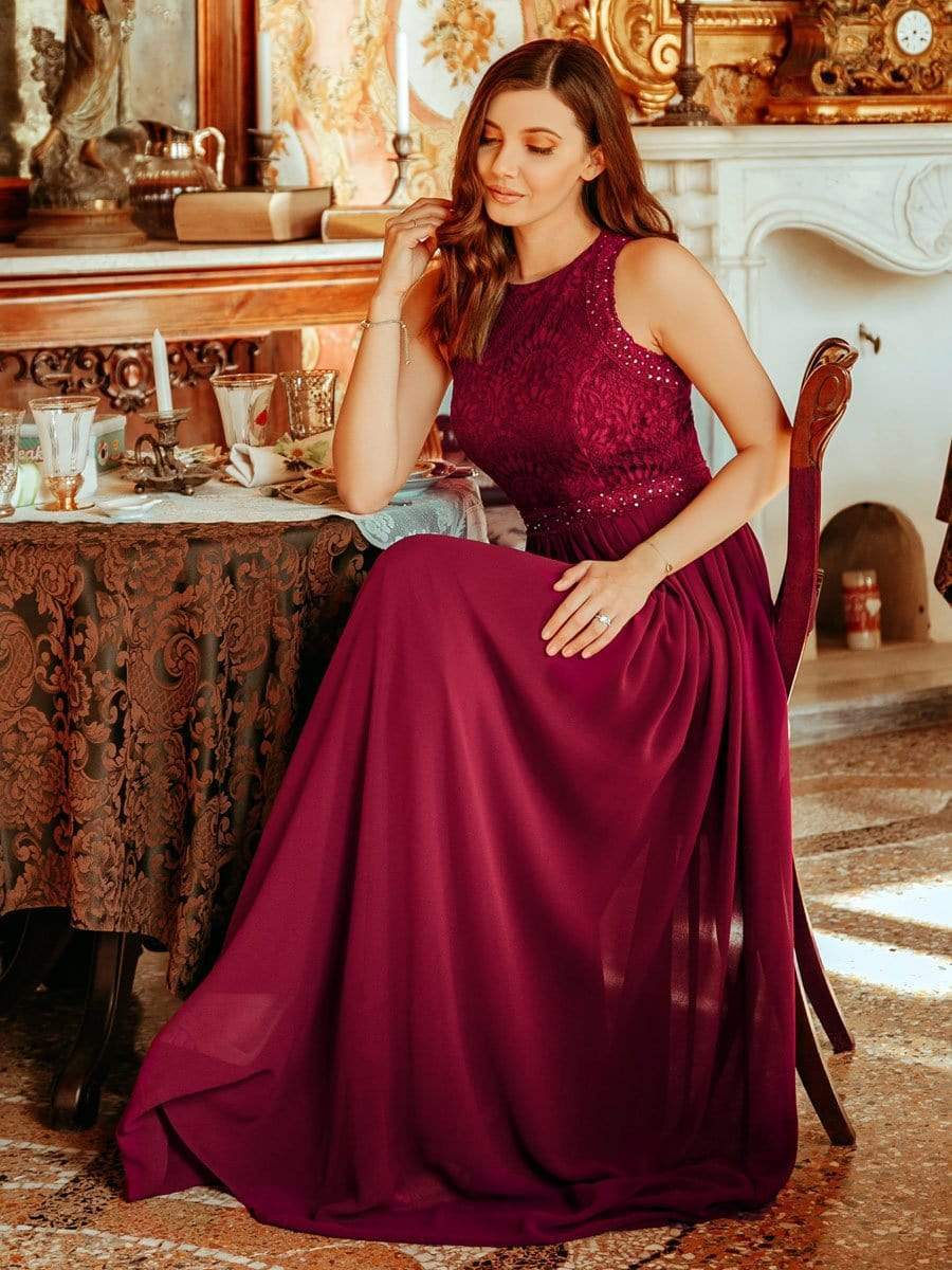 Empire Waist Sleeveless Maxi Long A Line Lace Bridesmaid Dresses #color_Burgundy