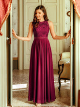 Empire Waist Sleeveless Maxi Long A Line Lace Bridesmaid Dresses #color_Burgundy