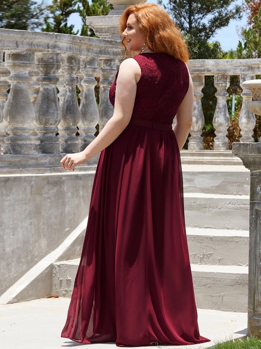 Plus Size Sleeveless Maxi Long A Line Lace Bridesmaid Dresses #color_Burgundy