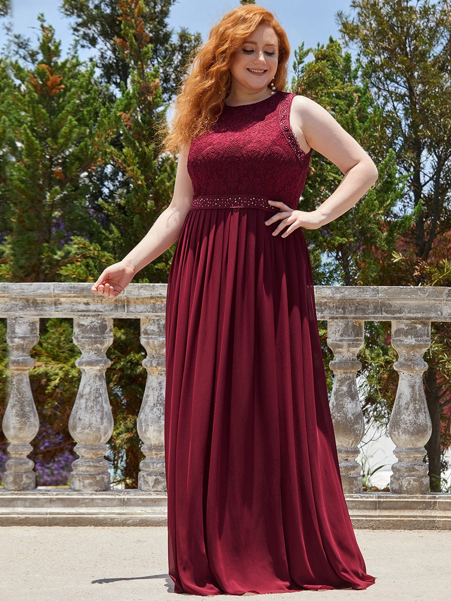 Empire Waist Sleeveless Maxi Long A Line Lace Bridesmaid Dresses #color_Burgundy