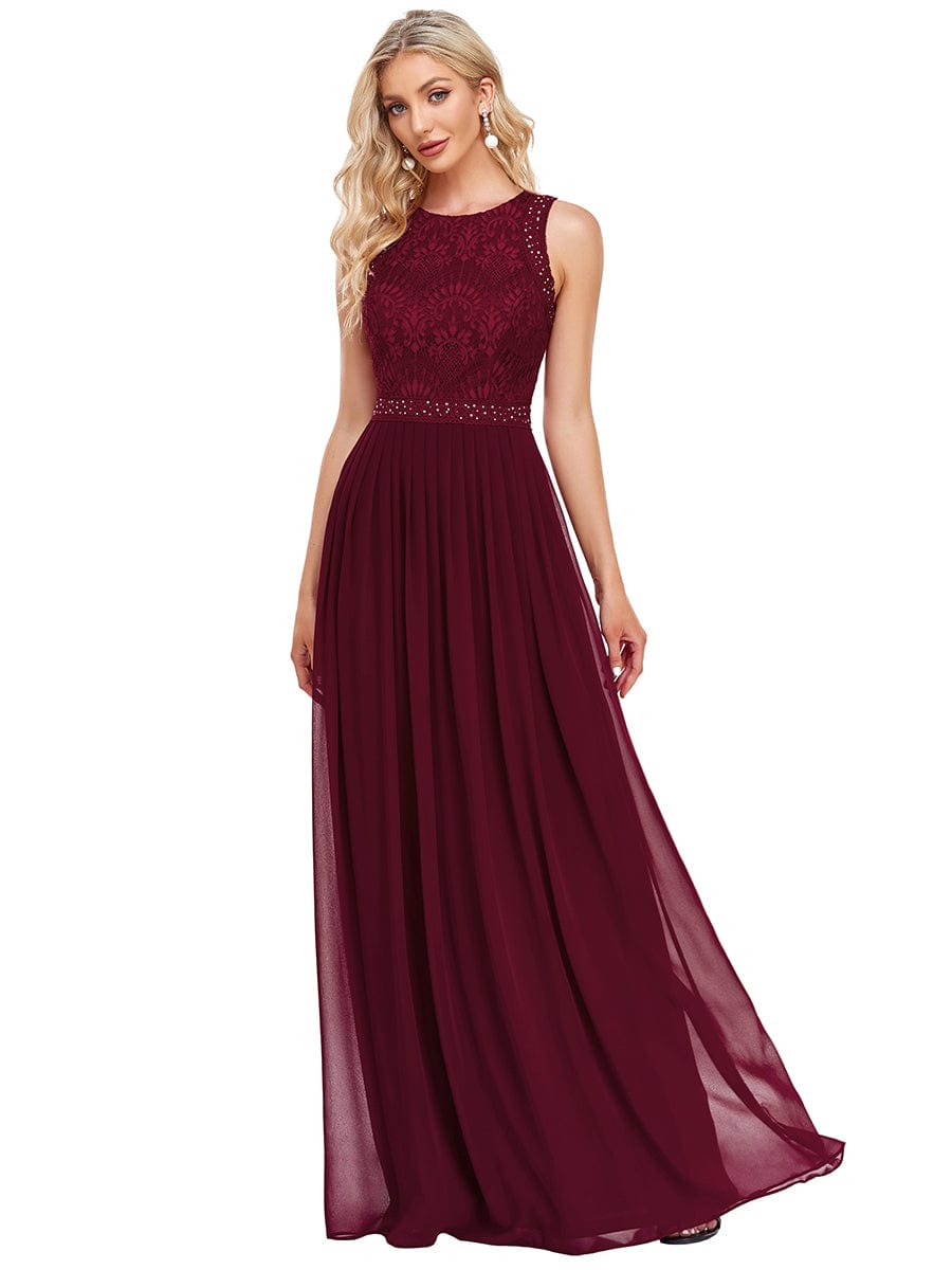 Empire Waist Sleeveless Maxi Long A Line Lace Bridesmaid Dresses #color_Burgundy