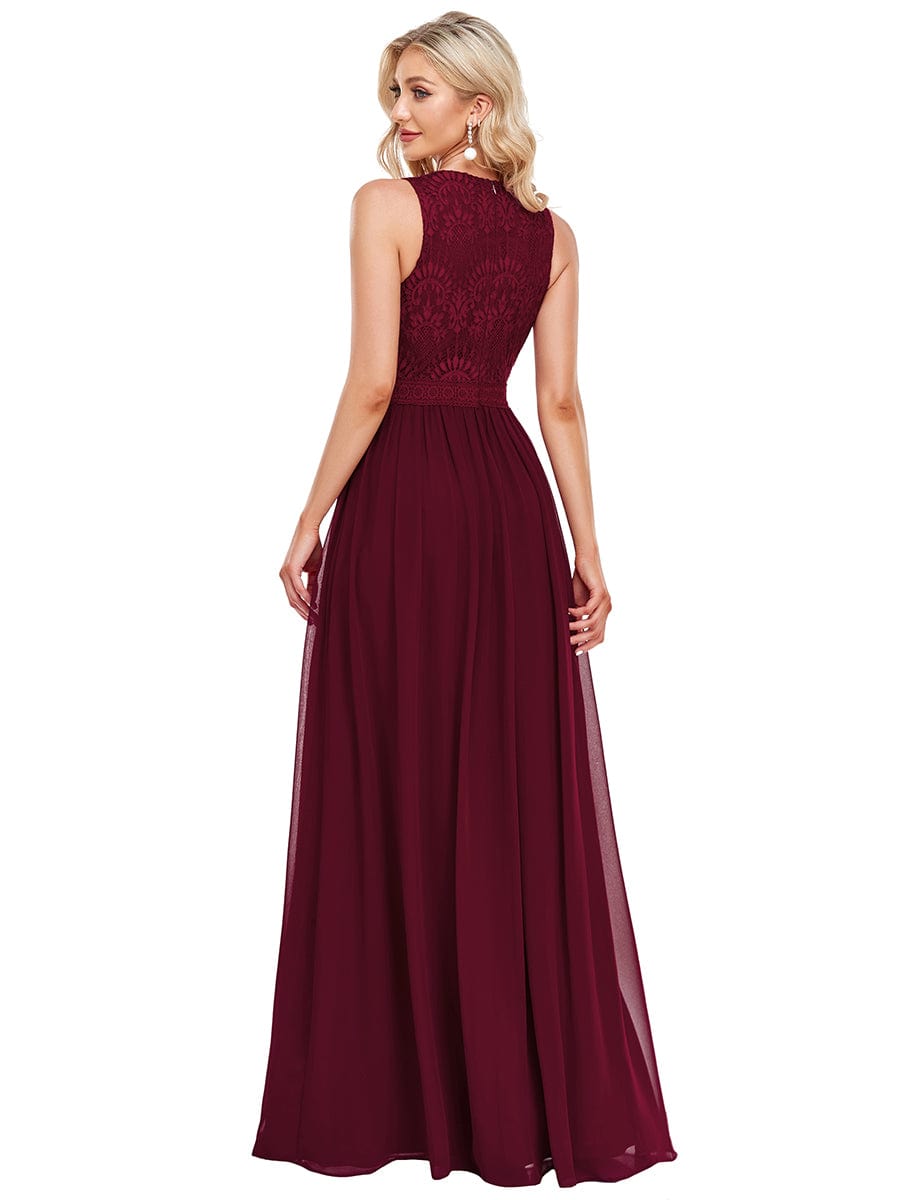 Empire Waist Sleeveless Maxi Long A Line Lace Bridesmaid Dresses #color_Burgundy